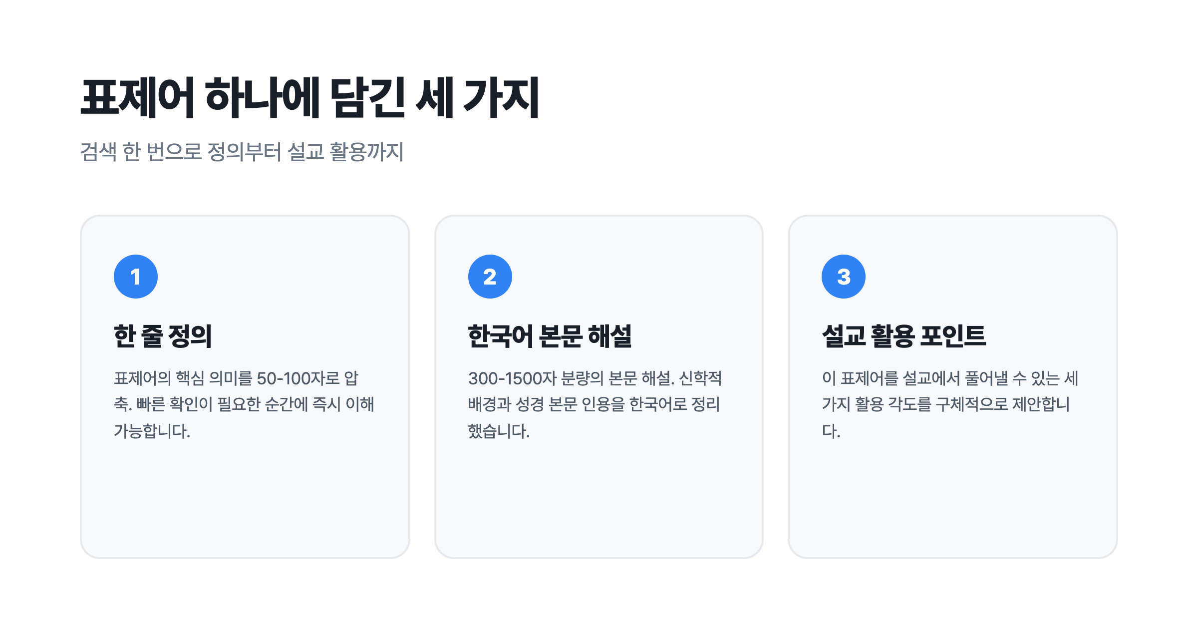 표제어 하나에 담긴 세 가지 — 한 줄 정의, 한국어 해설, 설교 활용 포인트